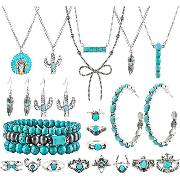 Jewelry - 46PCS Silver Bohemian Jewelry Sets With 6pcs Turquoise Necklace,12 pairs Dangle